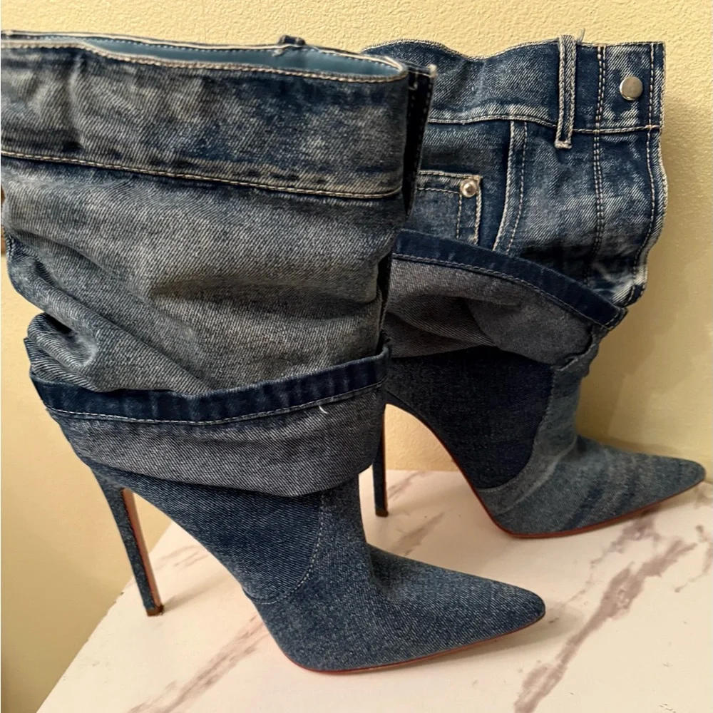 Azalea Wang Reeves Denim Boot Stilettos, Size 7, EUC - Picture 7 of 13